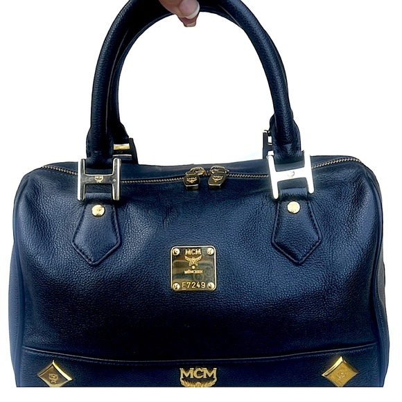 EUC- MCM Black Leather Gold Studded Boston Bag w/ unbranded xbody strap - Picture 8 of 16